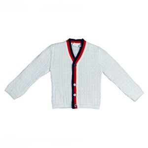 Vintage Cardinal White Acrylic Cable Knit Cardigan with Red and Blue Trim 3-6M